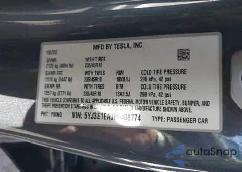 2023 Tesla Model 3 Rear-Wheel Drive из США, поврежденный, VIN 5YJ3E1EA0PF408774
